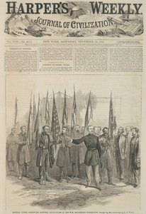 Il generale Custer presenta le bandiere di battaglia catturate al Dipartimento della Guerra, Washington, prima pagina di 